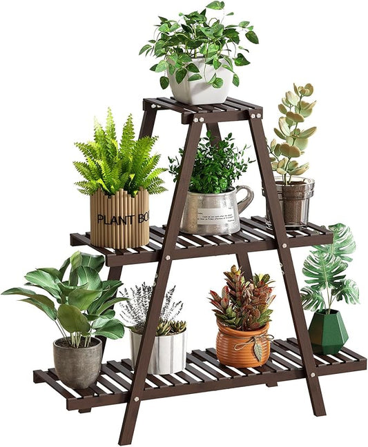 GHWIE Plant Stand Indoor Plant Shelf Outdoor bamboo Plant Rack, 3 Tiers Ladder Plant Holder Flower Stand for Living Room Balcony Garden Patio,Living Room Boho Home Decor for Gardening Gifts (Brown)