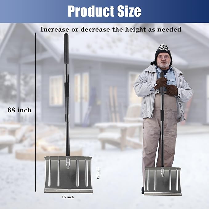 Snow Shovels for Driveway, 68 Inch Long Heavy Duty Aluminum Snow Removal Shovel Pusher for Snow Removal Portable Shovel Detachable for Car Trunk Emergency Camping Home Garage Garden