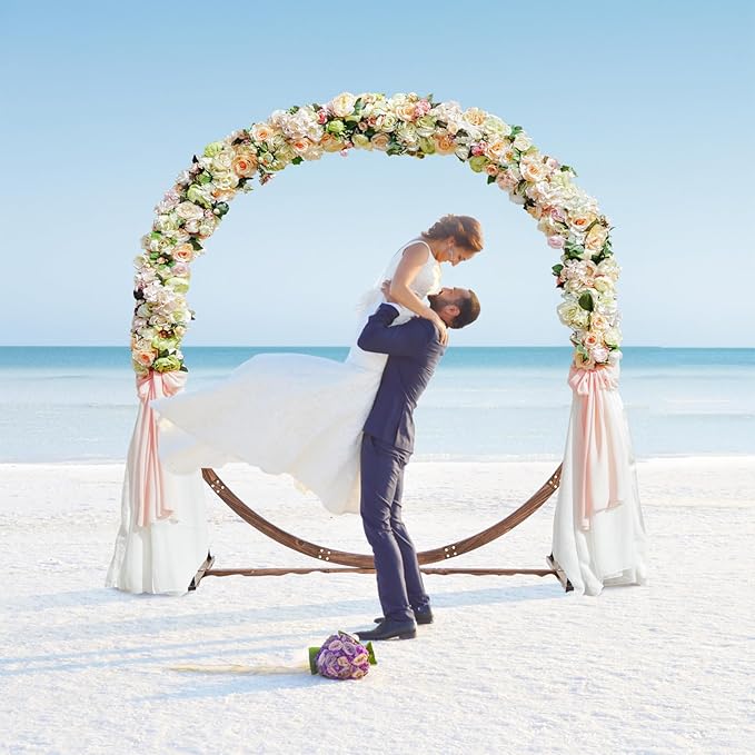 S AFSTAR 7.4FT Round Wedding Arch Wooden, Flower Balloon Arch Stand W/Triangular-Shaped Base, 4 U-Shaped Stakes, Indoor Outdoor Boho Decor Round Arch Backdrop Stand for Wedding Ceremony Party