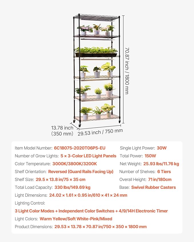 VEVOR Plant Shelf with Grow Light, 6-Tier Indoor Plant Stand, 71in Tall Plants Display Rack with Wheels & 4/9/14H Timer, 150W 3-Color Full Spectrum Grow Lights, Flower Pot Holder for Seed Starting
