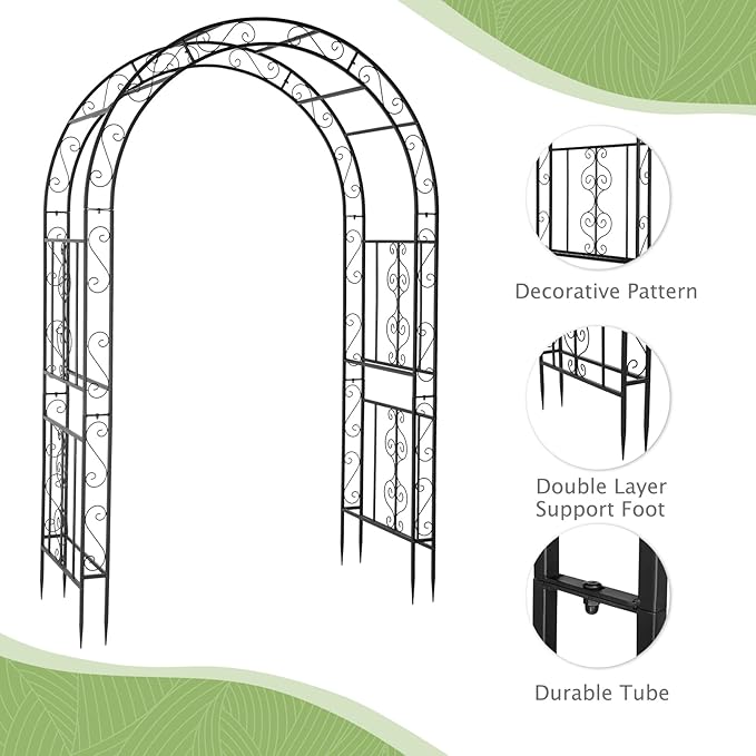 7FT Heavy Duty Steel Garden Arbor with Side Garden Trellis, Rust-Resistant Powder Coated Wedding Arch Archway for Backyard, Vine Plants & Outdoor Decor - Includes Ground Stakes & Easy Assembly