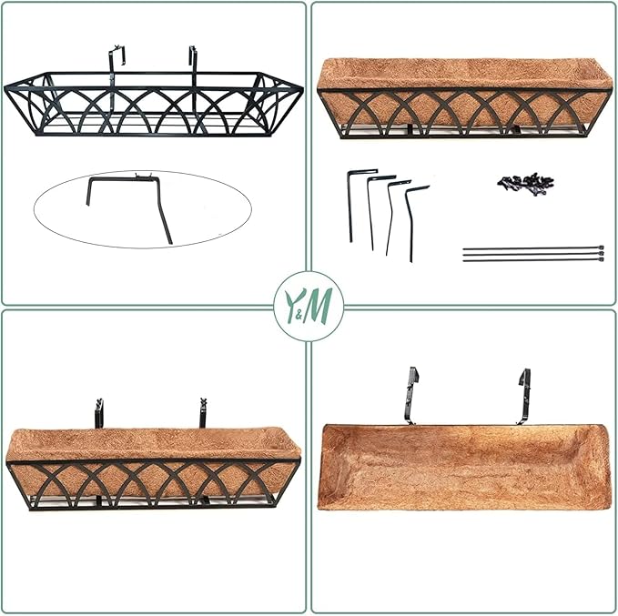 Y&M 30 Inch Fence Metal Hanging Flower Planter Window Basket Deck Railing Planter Boxes for Outdoor Garden Lawn, Window Deck with Coco Liner,6pcs