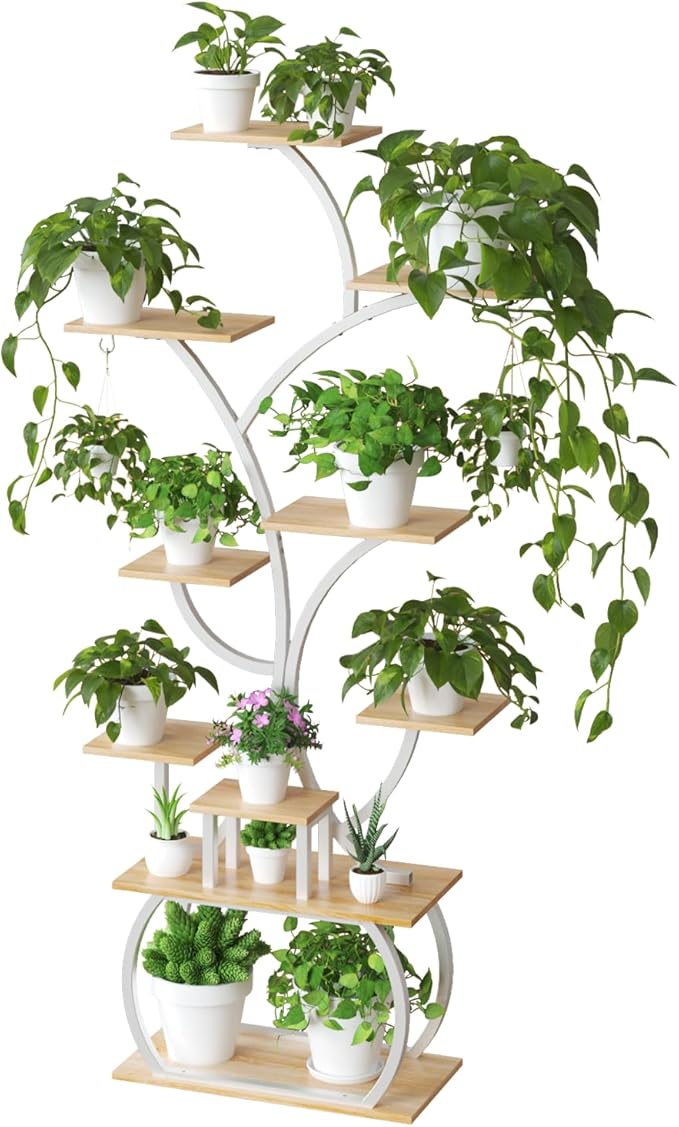 VINGLI 61" Tall White Plant Stand with Grow Light, 10-Tier LED Lighted Plant Shelf, Indoor Plant Rack with Full-Spectrum Grow Lights, Tree-Shaped Metal Plant Stand for Living Room, Balcony
