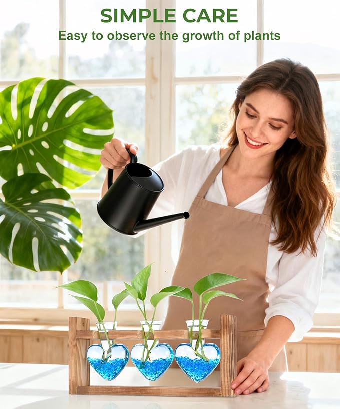 Nacome Plant Terrarium Propagation Stations: Christmas Gifts for Plant Lovers Women Mom Wife - Wooden Stand Tabletop Planter 3 Bulb Glass Vase Heart Shaped for Hydroponics Indoor Home Office Decor