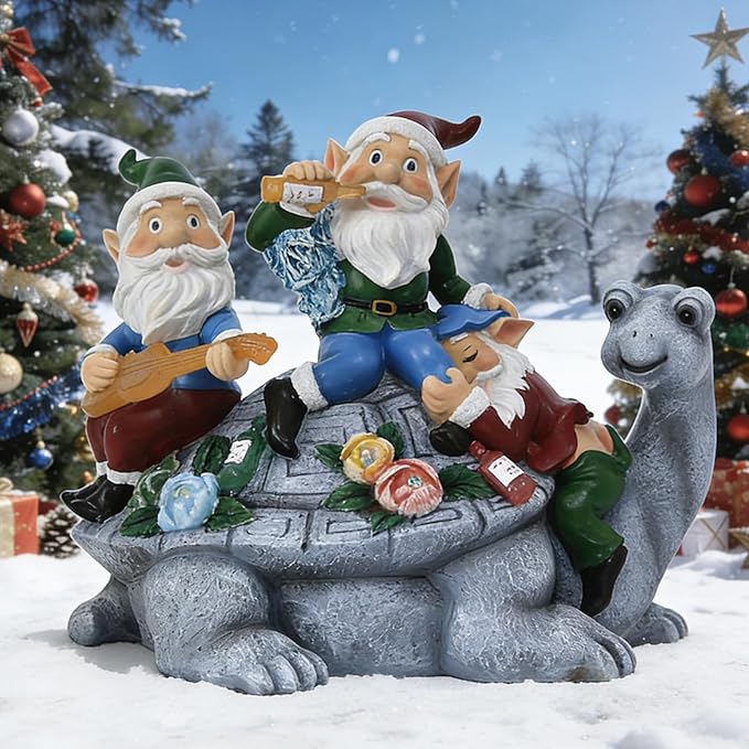 Christmas Gnomes Outdoor Statue Three Gnomes Having Party on Turtle with 7 LED Solar Figurine for Garden Lawn,Patio,Yard Decor Unique for Grandfather, Father,Grandma,Wen