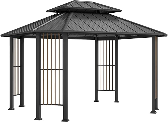 11' x 13' Octagon Hardtop Gazebo, Outdoor Octagonal Gazebo with Double Tiered Roof, Galvanized Steel Hardtop with Dual Rail & Ceiling Hook, Outdoor Canopy Shelter for Patio Garden Backyard