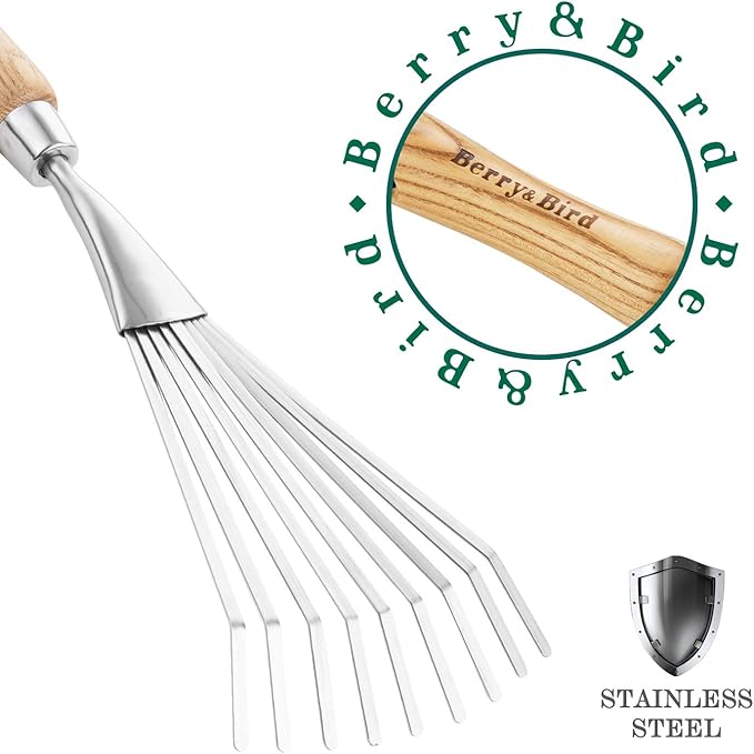 Berry&Bird Gardening Hand Shrub Rake, 14.7" Stainless Steel Grass Rake, 9 Tines Fan Lawn Leaf with Ergonomic Wooden Handle, Small Hand Rake for Sweep Leaves & Loose Debris in Garden, Lawns and Yards