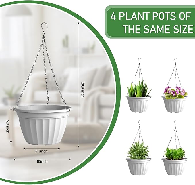 FGstyle Hanging Planters 10 Inch, 4 Pcs Self Watering Pots for Indoor Plants,Plastic Hanging Basket with Soil Elevator and 20" Chain for Home Garden Porch Balcony Patio Decor(White)