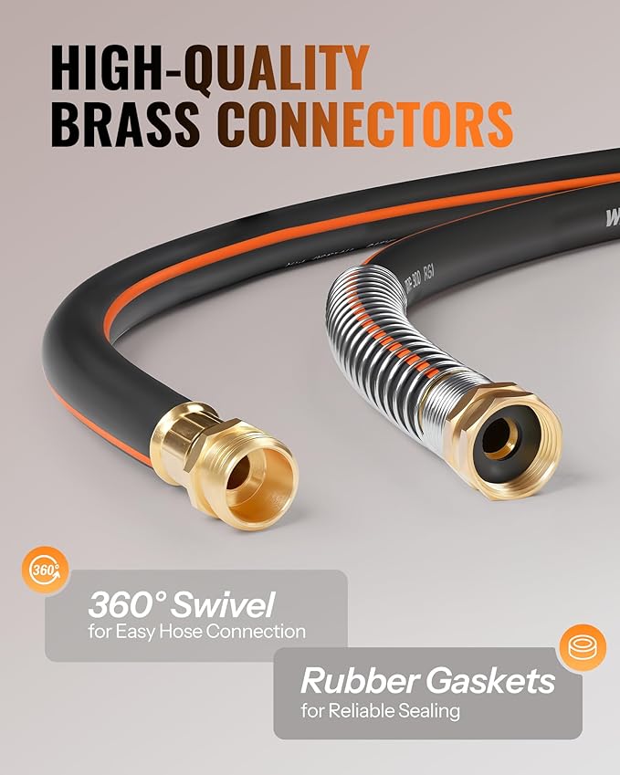 50FT x 5/8" Rubber Rubber Garden Hose, Heavy Duty Garden Water Hose, 300 PSI Working, 1000 PSI Burst, Swivel Handle with Stainless Steel Ring, 5-Layer Braided, All-Weather Outdoor Use