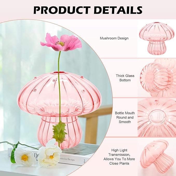 6Pcs Mushroom Vase, Colored Glass Mushroom Propagation Vases for Plants, Cute Hydroponic Flower Small Bud Vase Home Office Decor for Women Gift Propagation Station(Color 6)
