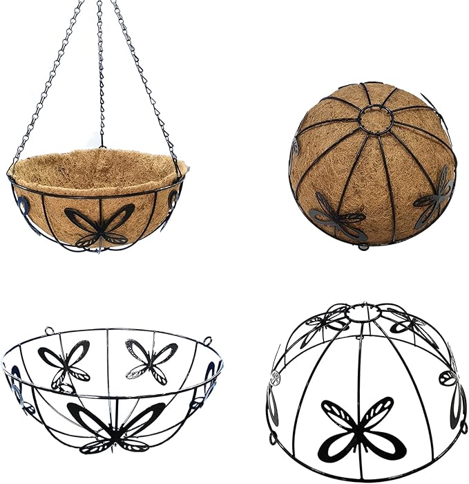 14 inch Metal Hanging Baskets For Plants Outdoor 4 Pack Round Metal Wire Hanging Basket Planter with Coco Fiber Liners Chain Round Wire Plant Holder for Garden, Patio, Deck, Porch Plants Flower Potss