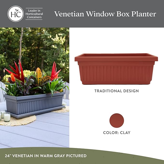 The HC Companies 30 Inch Venetian Window Planter Box with Drainage Plug, Lightweight UV-Resistant Plastic Outdoor Planters, 2-Pack Flower Box for Garden & Home Decor, Clay
