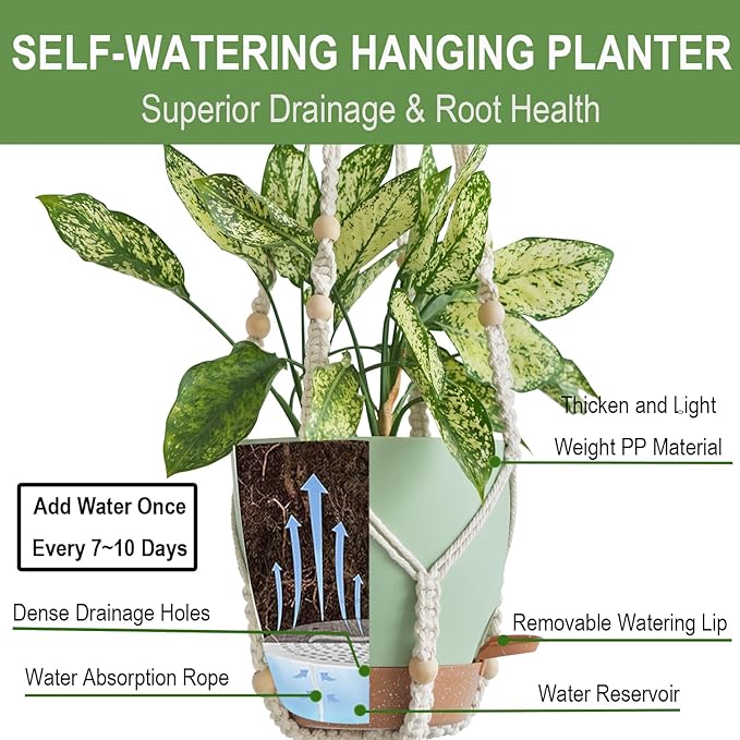 Self Watering Hanging Planters for Indoor Plants 3 Pack Macrame Plant Hangers with Drainage Holes Pots and Hooks for Home Garden Decor Green