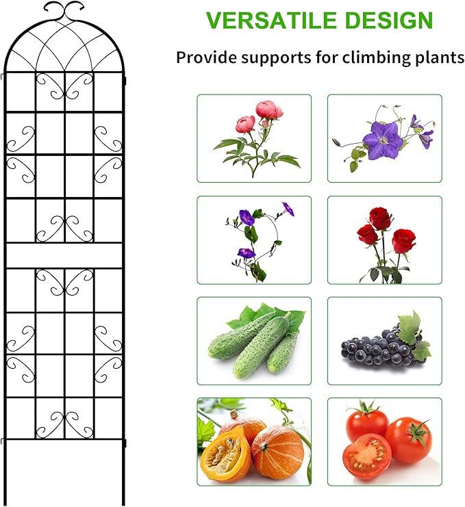 LZRS 2 Pack 83x20in Rustic Iron Arch Decoration Garden Trellis with Black Metal Coating – Perfect for Supporting Climbing Plants Outdoor, Roses, Vines, Flowers, and Vegetables.