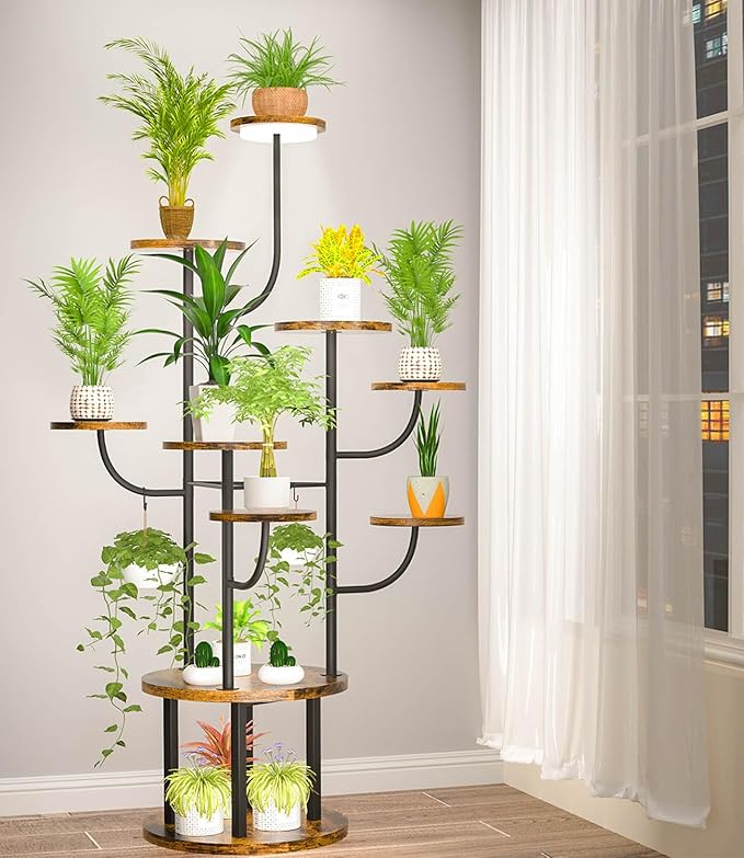 60" Tall Indoor Plant Stand with Grow Light 10 Tiered Adjustable,Large Metal Rotating Plant Shelf for Multiple Plant Display, Flower Holder Stand for Living Room,Bedroom,Office,Balcony