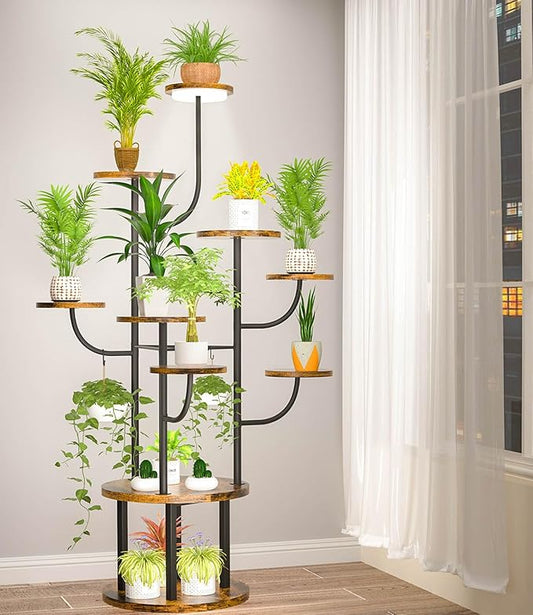 60" Tall Indoor Plant Stand with Grow Light 10 Tiered Adjustable,Large Metal Rotating Plant Shelf for Multiple Plant Display, Flower Holder Stand for Living Room,Bedroom,Office,Balcony