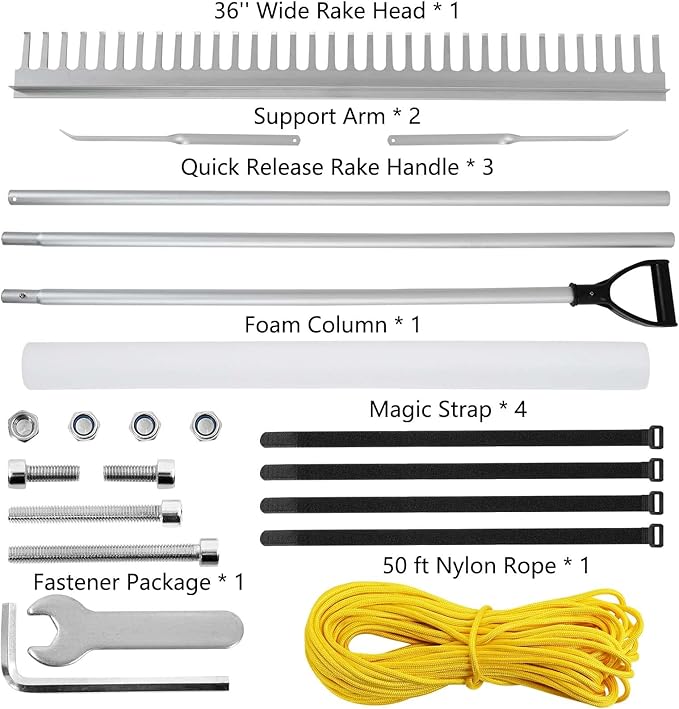 Floating Lake Rake, 36" Aluminum All Purpose Lake and Landscape Rake with 11' Extension Handle and 52' Rope, Weed & Algae Removal