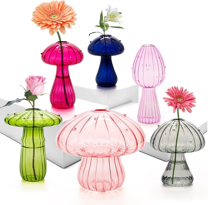 6Pcs Mushroom Vase, Colored Glass Mushroom Propagation Vases for Plants, Cute Hydroponic Flower Small Bud Vase Home Office Decor for Women Gift Propagation Station(Color 6)