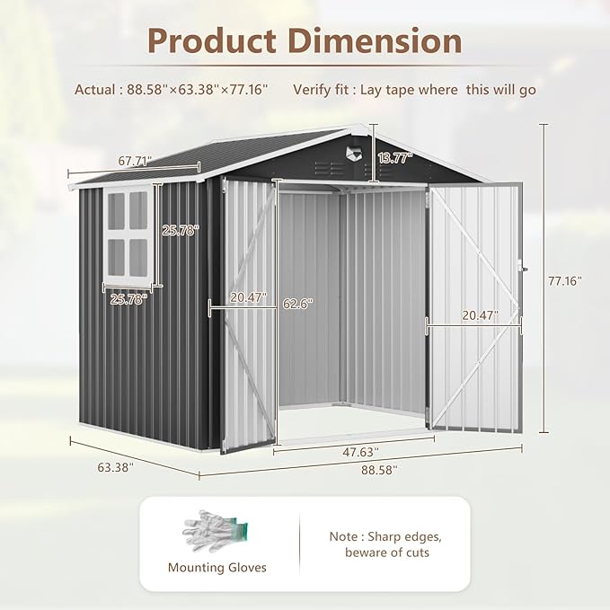 8x6 FT Outdoor Storage Shed, Metal Garden Shed - Tool Storage Sheds with Lockable Doors & 1 Clear Window, Waterproof Outside Storage Building for Backyard, Patio (Black; Floor Not Included)