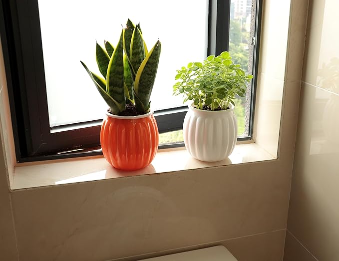 Meicynhoger 4-Pack Pumpkin Self-Watering Planter for African Violets,Snake Plant,Succulents - 4.3" Flower/Plant Pot for Indoor Outdoor,Table, Balcony,Deck,Garden Orange