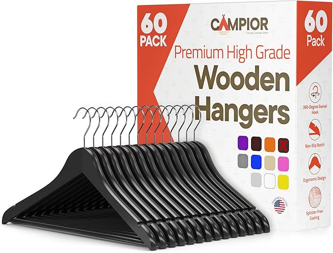 Black Wooden Hangers 60 Pack – Heavy-Duty with 360° Swivel Hook, Non-Slip, Pants Bar & Shoulder Grooves - Wooden Hangers for Suits, Jackets, Dresses & Camisoles, Space-Saving and Smooth Finish