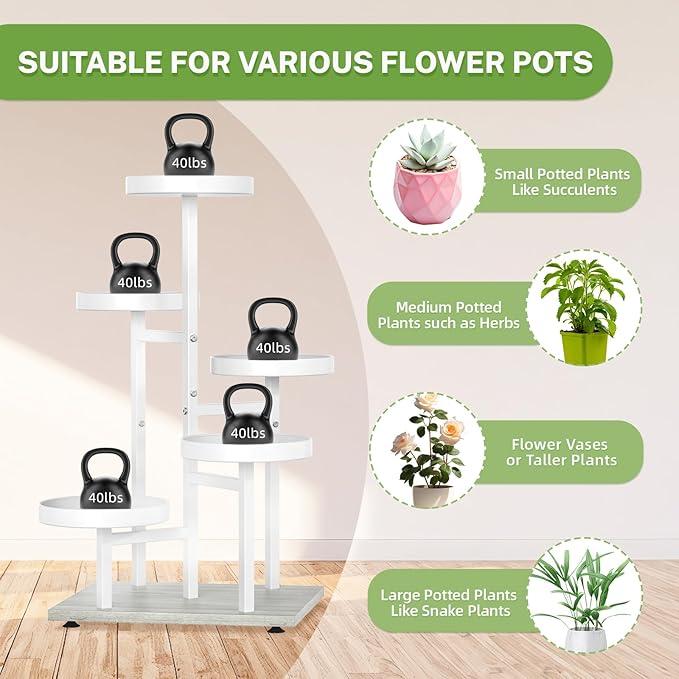 iDavosic.ly 5 Tier Plant Stand Indoor, Tiered Corner Metal Wood Multiple Flower Holder Shelf, Tall Orchid Display Rack for Patio Porch Living Room Balcony Outdoor, White