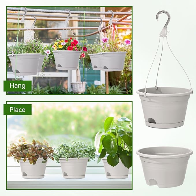 Roshtia 20 Pcs 10 Inch Hanging Baskets for Plants Large Plastic Hanging Basket Pots with Drainage Trays Self Watering Planter Pots for Outdoor Indoor Plants Flowers Garden Balcony (Grey White)