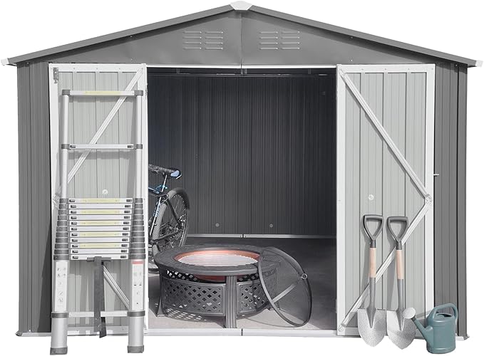 10x12 FT Sheds & Outdoor Storage,Metal Aluminum Garden Shed,with Punched Vents,Waterproof Cabinet w/Hinged Door and Padlock,Tool House for Storing Bicycles,Lawnmowers,Barbeques,Grey