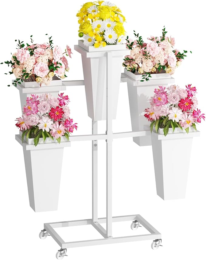 Flower Display Stand with Buckets, Sturdy Flower Cart with Wheels, Metal Bouquet Bar for Wedding, Party, Patio, Bridal Shower, White