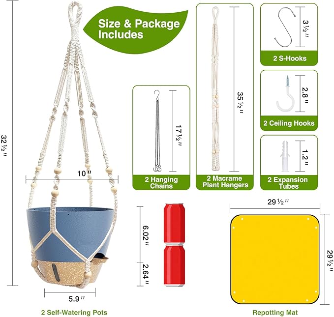 Set of 2 Hanging Planters for Indoor Plants with Self Watering Includes Hanging Pots and 2 Types Plant Hangers, Outdoor Hanging Baskets Holder for Home Garden, 10 Inch Aegean Blue