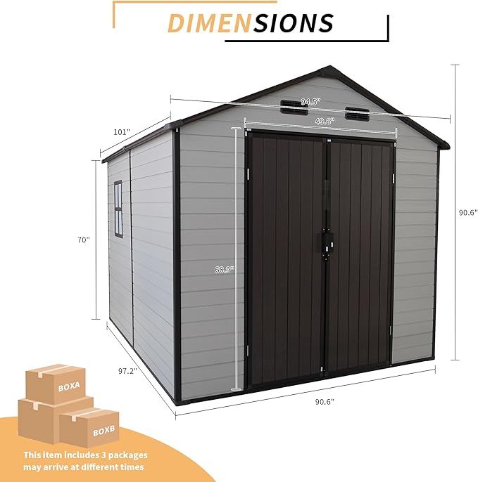8x8x7.6FT Outdoor Resin Storage Shed with Windows and 4 Vents,Waterproof Strong Aluminum Frame w/Lockable Design & Door,Tool House for Storing Bicycles,Lawnmowers,Barbeques,White+Brown
