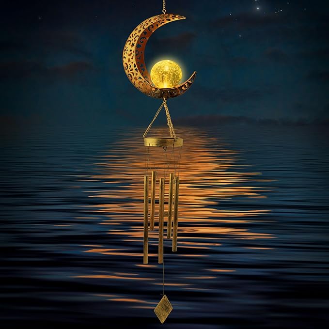 Moon Solar Lights Wind Chimes for Outside Gift for Women Gifts for Mom Grandma Birthday Gifts Large Moon Decor Windchimes Outdoors Gardening Gift for Outdoor Patio Yard Porch Solar Moon Night Lights