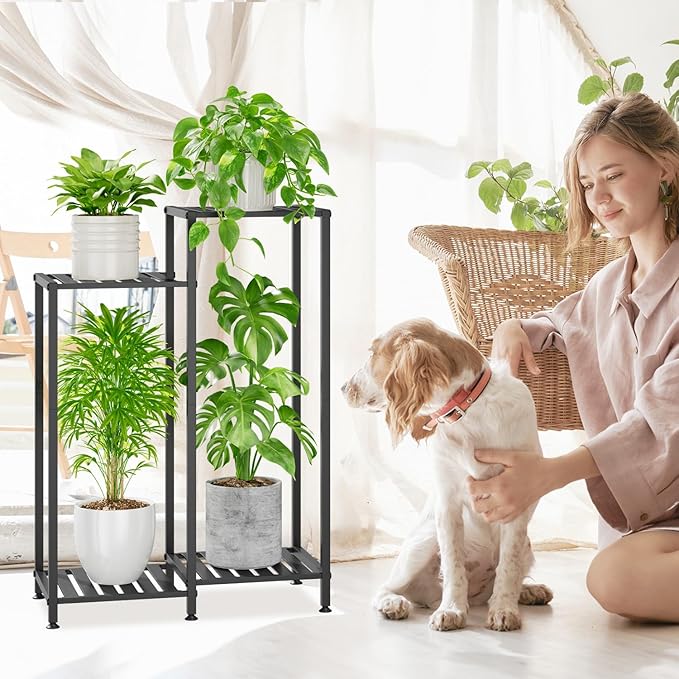 iDavosic.ly 4 Tier Plant Stand Indoor with Wheels, Metal Tiered Corner Flower Holder Shelf Outdoor for Large Pots, Tall Rolling Rack for Patio Porch Garden Balcony Living Room, Modern Black