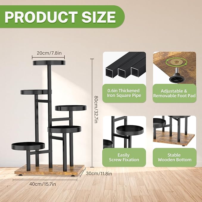 iDavosic.ly 5 Tier Plant Stand Indoor, Tiered Corner Metal Wood Multiple Flower Holder Shelf, Tall Orchid Display Rack for Patio Porch Living Room Balcony Outdoor, Brown