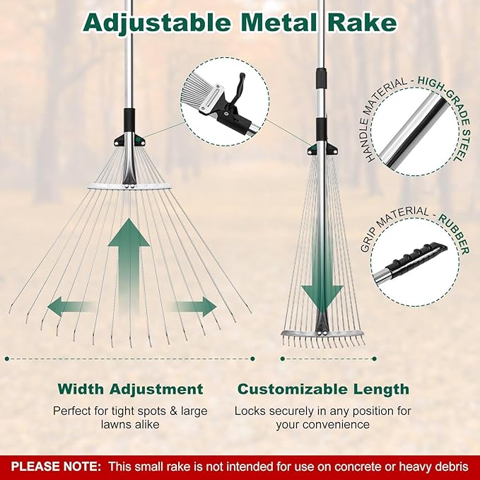 Leaf Grabber and Adjustable Metal Rake Set with Long Handle, 79-Gallon Reusable Yard Waste Bags & Gloves – Complete Leaf Collector Tool Kit