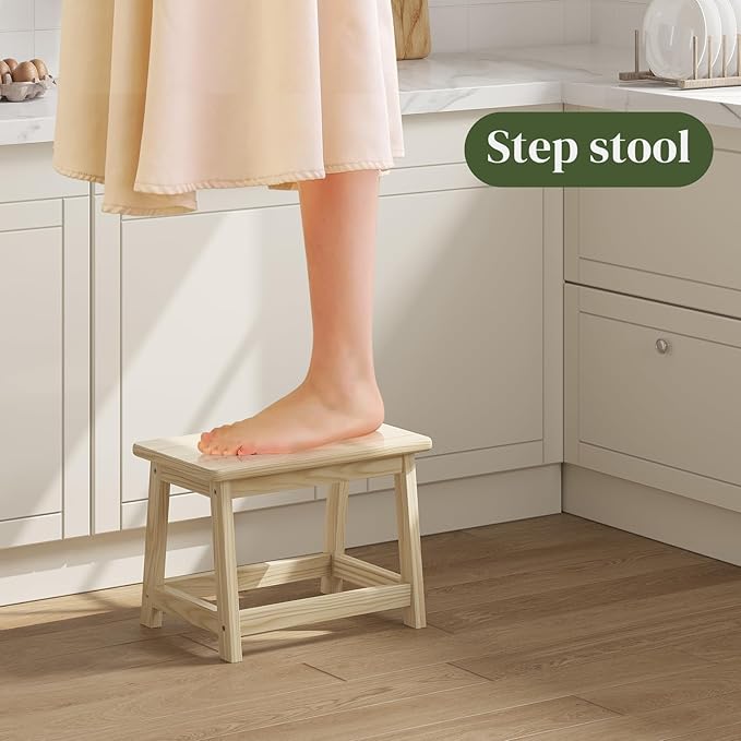 Wood Stool, Small Bench Seat, Wood Bathroom Vanity Bench, Plant Stand, Shoe Changing Handmade Stool for Kids or Adults (Natural, Small)