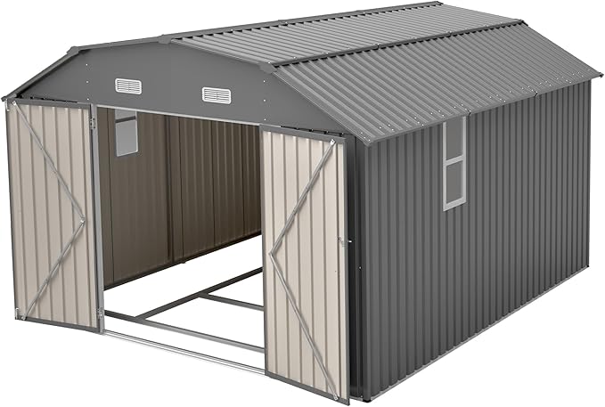 10×12 FT Outdoor Storage Shed,Heavy-Duty Metal Shed with Floor Base,All Weather Waterproof Tool Shed W/Diamond Roof & Windows,Lockable Double Door & 4 Air Vents,for Backyard,Patio,Lawn,Gray