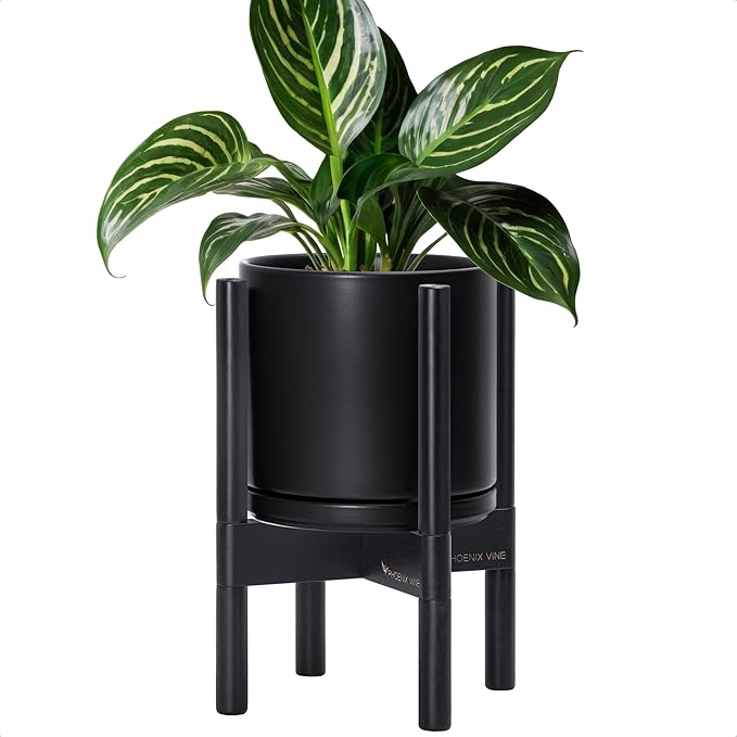 D'vine Dev Ceramic Planter with Ebony Stand - 8 Inch Modern Round Flower Pot with Wood Planter Holder, Black, 55-B-M-2