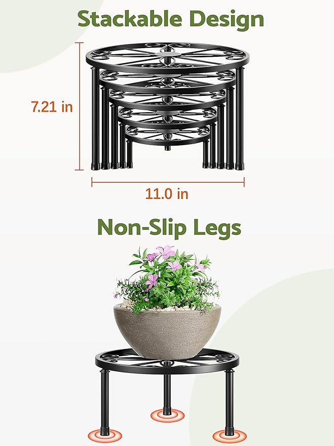5 Pack Plant Stand Metal Flower Pot Stand Holders Indoor Tall Plant Rack Plant Round Black Plant Shelf For Patio, Living Room, Garden, Balcony(BlackDiamond)