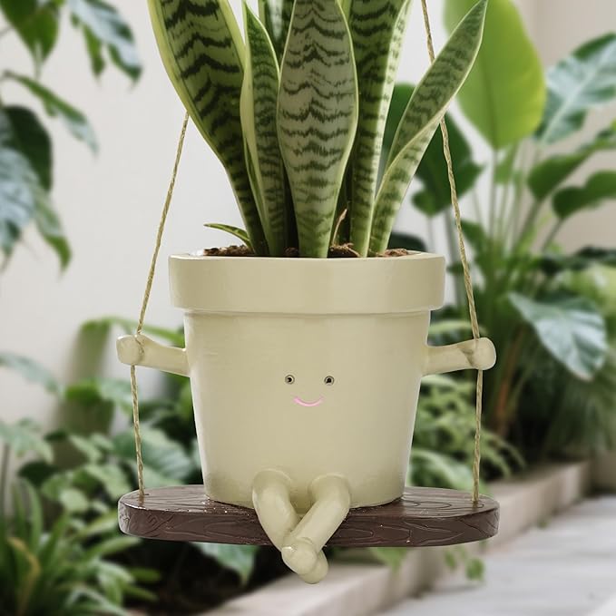 Hanging Planters for Indoor Plants Swing Face Plant Pot Cute Resin Head Planters Without Hole Indoor Plant Holder for Succulents, Unique Sitting Sway Pots Gift Ideas for Mother (Style-B)