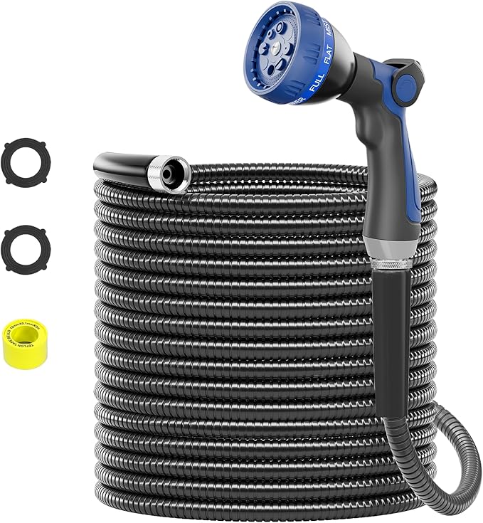 SPECILITE 25ft 304 Stainless Steel Garden Hose Metal, Heavy Duty Water Pipe with Nozzles for Yard, Outdoor - Flexible, Never Kink & Tangle, Puncture Resistant (Black)