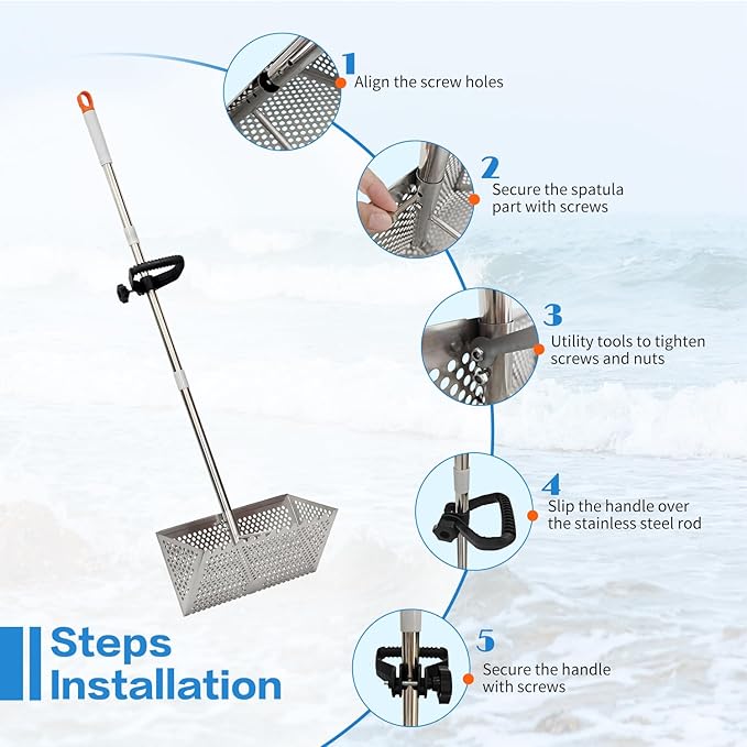 Sand Flea Rake, Detachable Long Handle Sand Sifter for The Beach, The Shark Tooth Screen Comes with a 16in Wide Drain Screen with a 51in Handle