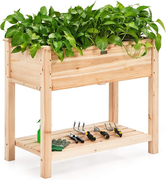 Giantex Raised Garden Bed, Elevated Wood Planter Box, Standing Garden Bed Kit w/Legs & Storage Shelf for Vegetable Flower Herb, Outdoor Use for Patio Backyard, Natural
