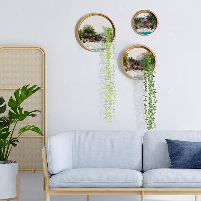 Gold Metal Wall Planter Set of 3, Indoor Metal Hanging Planter with 10Pcs Artificial Succulents Wall Decor Round Succulent Planters Air Plant Pots Container for Cactus Home Office Decor