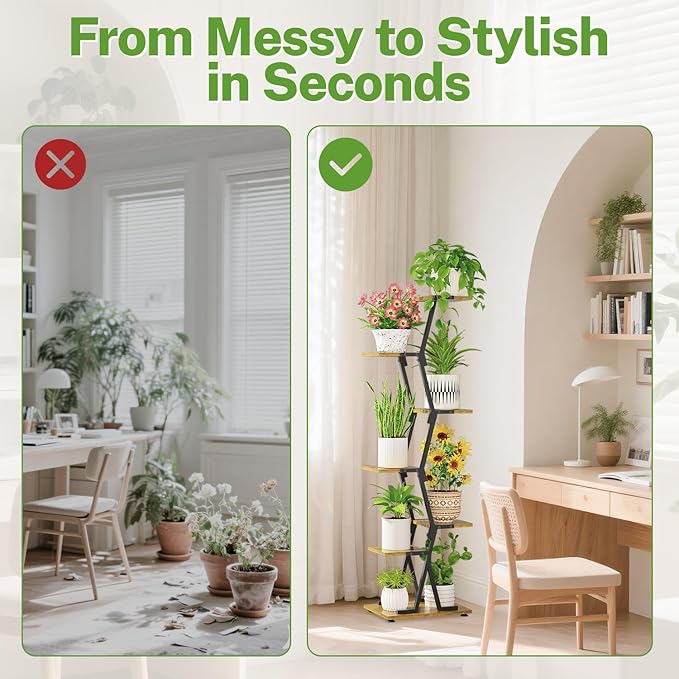 iDavosic.ly 6 Tier Indoor Plant Stand, Corner Tall Metal & Wood Flower Shelf, Orchid Display Rack for Living Room Balcony Patio Porch, Space Saving & Multifunctional Display, Black & Brown