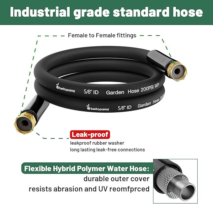 Short Garden Hose 1 ft x 5/8" Female to Female, Heavy Duty Small Water Hose Extend Connector, Leak-Free Connections Hybrid Rubber Leader Hose with 3/4" Double GHT Fittings, Black