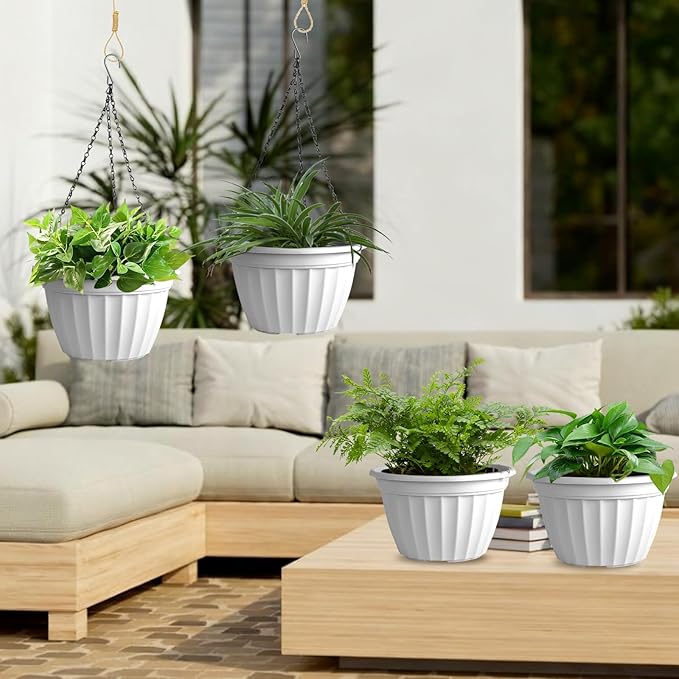 FGstyle Hanging Planters 10 Inch, 4 Pcs Self Watering Pots for Indoor Plants,Plastic Hanging Basket with Soil Elevator and 20" Chain for Home Garden Porch Balcony Patio Decor(White)