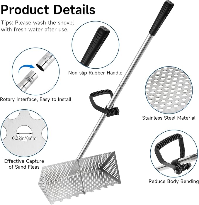 SAN LIKE Sand Scoop for Metal Detecting Stainless Steel Sand Sifter Shovel 52.4in Long Handle Sand Scoop with Shovel for Metal Detecting Sand Sifter for The Beach Sand Flea Rake for Beach