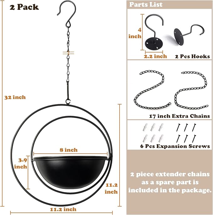 Hajia 2 Pack Moon Shaped Hanging Plant Holder with 8 Inch Detachable Pot, Black Metal Plant Hanger for Indoor Outdoor, Minimalist Hanging Planter for Wall Ceiling Decor.(with Drainage Holes)