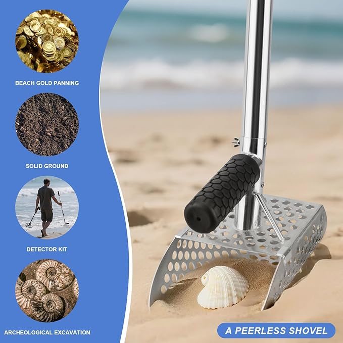 Sand Scoop for Metal Detecting,Heavy Duty Sand Sifter Scoop with Long Handle,Metal Detector Accessories, Beach Sand Shovel,Stainless Steel Sand Scoop for Underwater Treasure Hunting